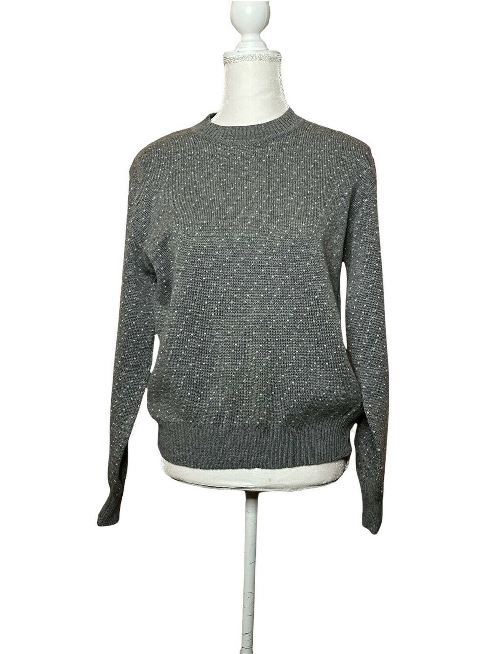 crew neck women sz m Sweater polka dot Gray Shamrock Knit Cuff